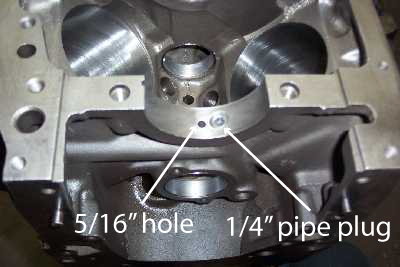 1972 Ford Ranchero - Close-up view of an engine block's oiling system components, with measurements indicated.