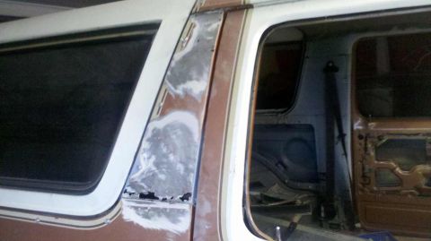 1982 Ford Bronco - Bodywork in progress on the B-pillar and interior of a 1982 Ford Bronco.