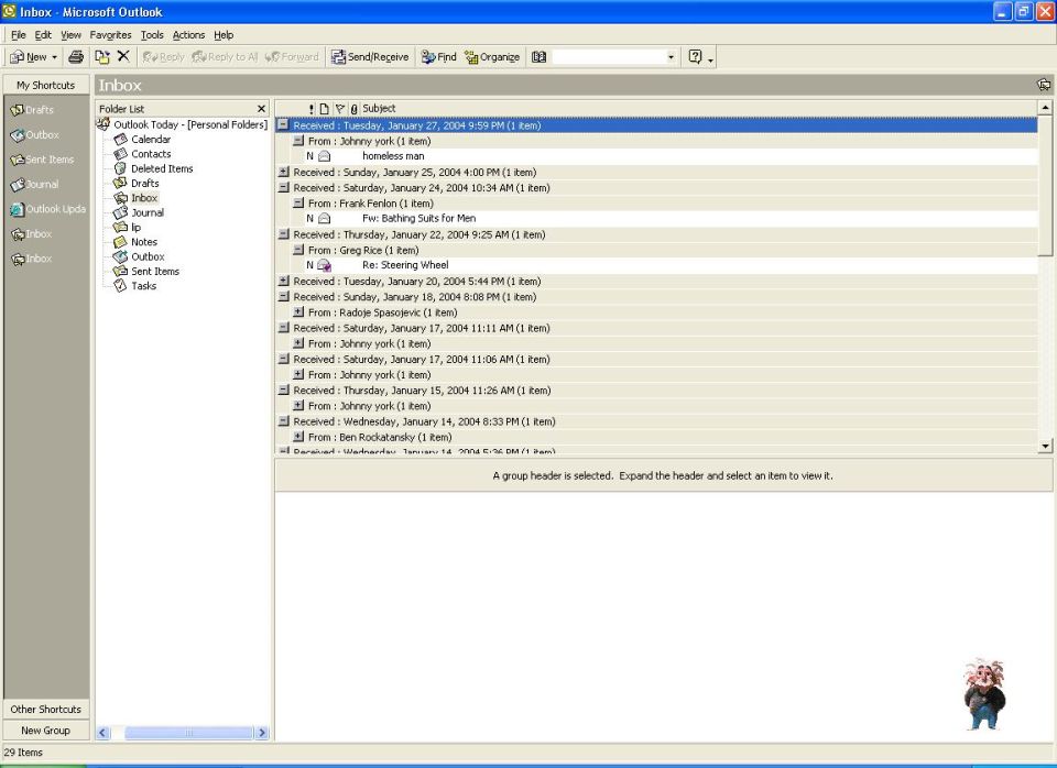 Screenshot of Microsoft Outlook inbox folder list with grouped email headers from January 2004