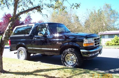 1995 Ford Bronco - This black 1995 Ford Bronco is seen from a three-quarter front view, parked on a sunny day next to a grassy area.
