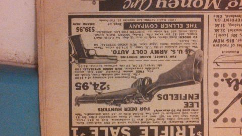 1979 Ford Bronco - This is a close-up of a newspaper advertisement featuring firearms for sale. The ad includes images of a Colt automatic pistol and a Lee-En…