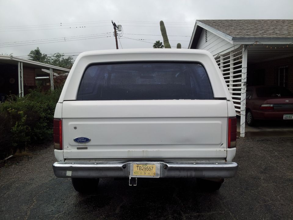 Rear view of a white 1986 Ford Bronco with license plate TB29557.