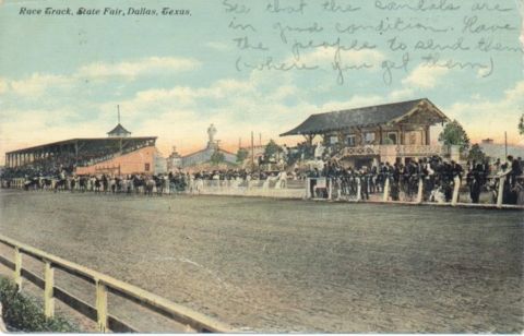 1909 Ford Model T - A vintage postcard depicts a horse race at the Dallas State Fair, with crowds gathered in the grandstands.