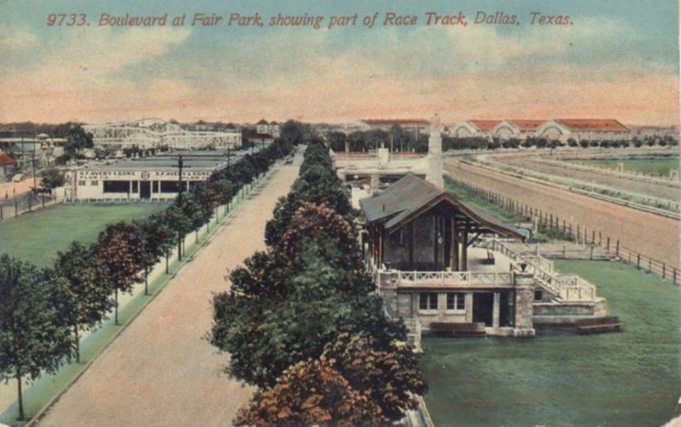 Street scene with buildings and racetrack, Dallas, Texas