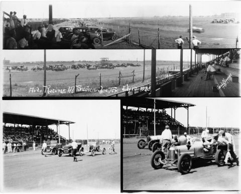 1909 Ford Model T - Vintage photo captures a thrilling auto race event with multiple vehicles and a crowd of spectators.