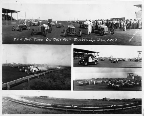 1909 Ford Model T - Multiple race cars compete on a dirt track during the Oil Belt Fair in Breckenridge, Texas, 1927.