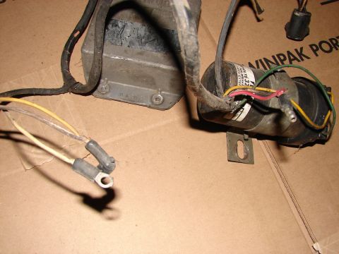 1973 Ford Ranchero - Automotive ignition coil and module with wiring, possibly from a 1973 Ford Ranchero.
