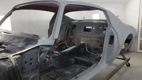 1970 Pontiac Trans Am - The interior and body shell of a 1970 Pontiac Trans Am are shown in primer, ready for restoration work.