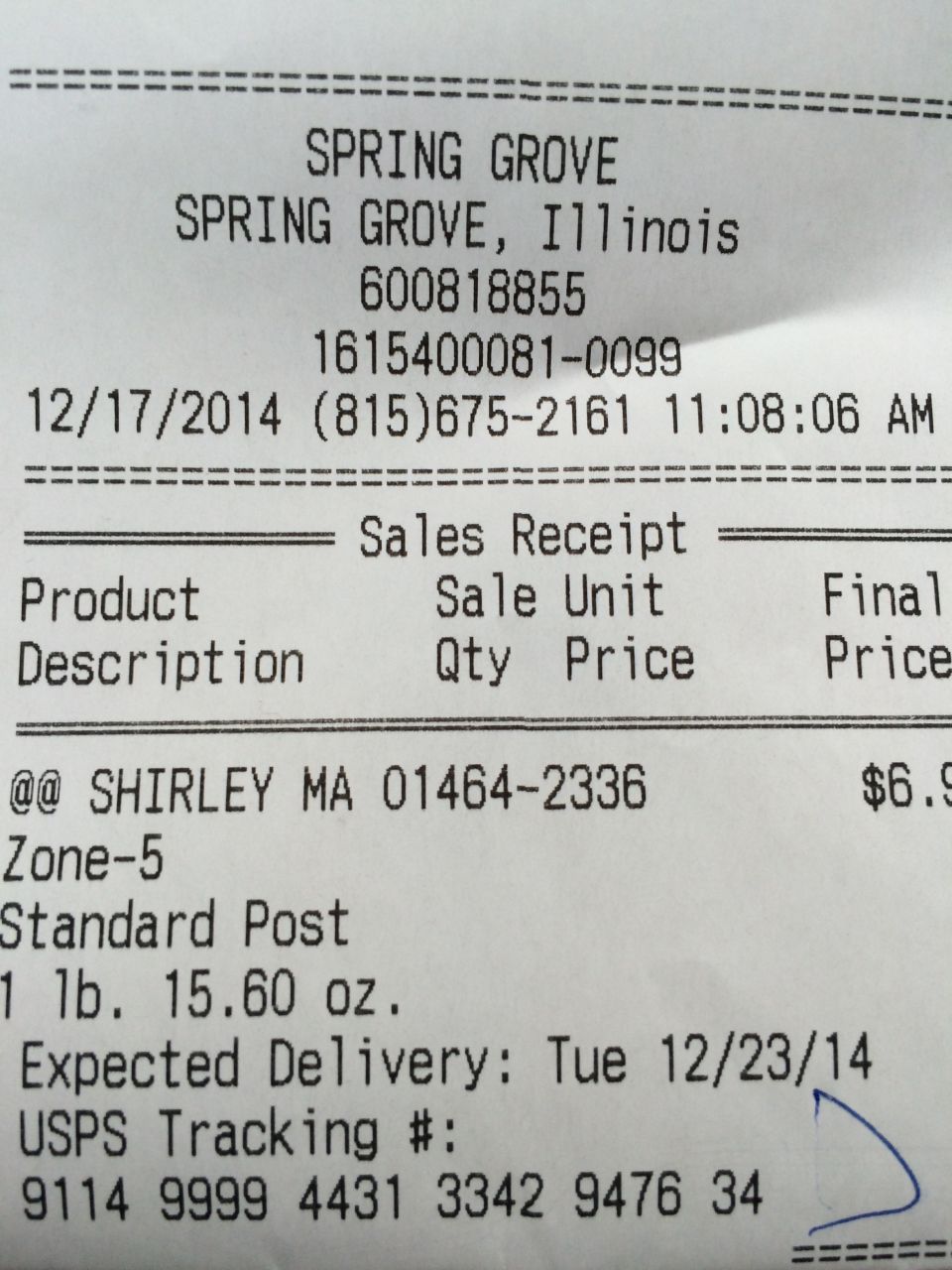 Sales receipt from Spring Grove, Illinois dated 12/17/2014. Shows shipping details for a package