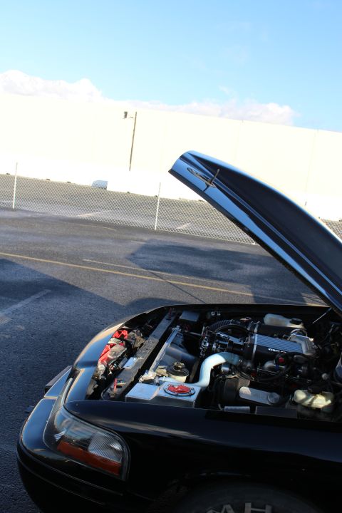 2003 Ford Crown Victoria - open engine bay of a black car at a track, showing intake piping, a red component and the underside of the raised hood.