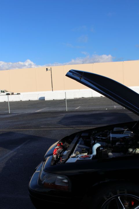 2003 Ford Crown Victoria - black car with its hood raised on a drag strip, with the engine bay and a chrome wheel visible against a clear sky.