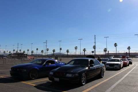 2003 Ford Crown Victoria - row of parked cars including a blue Mustang, a black sedan and a white Chrysler under bright sun with lens flare.