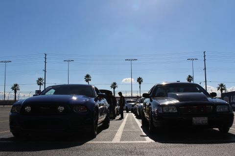 2003 Ford Crown Victoria - dark Ford Mustang and a black sedan are parked facing the camera with a person standing between them in a sunny lot.