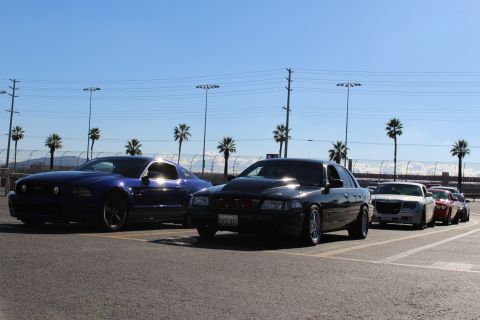 2003 Ford Crown Victoria - blue Ford Mustang, a black sedan and a silver Chrysler 300 line up in a sunny parking lot with palm trees and a racetrack behind.
