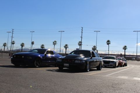 2003 Ford Crown Victoria - blue Ford Mustang, a black sedan and a silver Chrysler 300 sit in a row in a parking lot with palm trees and a racetrack fence behind.
