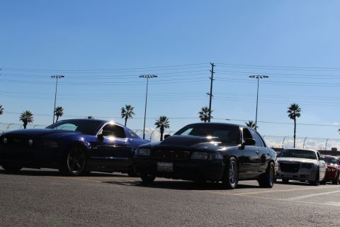 2003 Ford Crown Victoria - blue Ford Mustang and a black sedan are parked alongside a silver Chrysler 300 in a bright lot lined with palm trees.