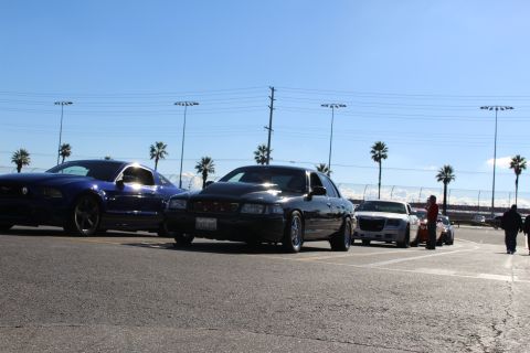 2003 Ford Crown Victoria - blue Mustang and black sedan are parked next to a silver Chrysler 300 in a sunny lot with people and palm trees in the background.