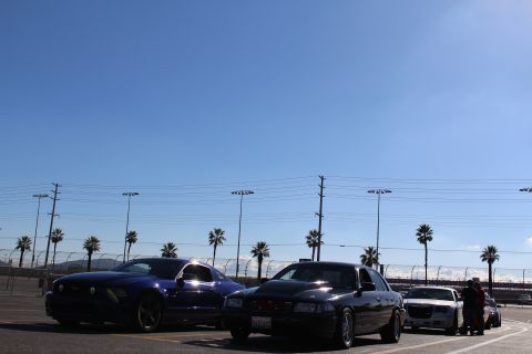 2003 Ford Crown Victoria - blue Mustang and black sedan sit in a parking lot with people and a silver car nearby beneath a wide clear sky.