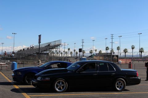 2003 Ford Crown Victoria - black full-size sedan numbered 6010 and a blue Mustang are parked in profile in a racetrack lot with grandstands in the background.