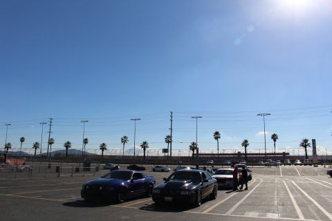 2003 Ford Crown Victoria - dark coupe and sedan sit in a wide sunlit parking lot with strong sun flare overhead and palm trees in the distance.
