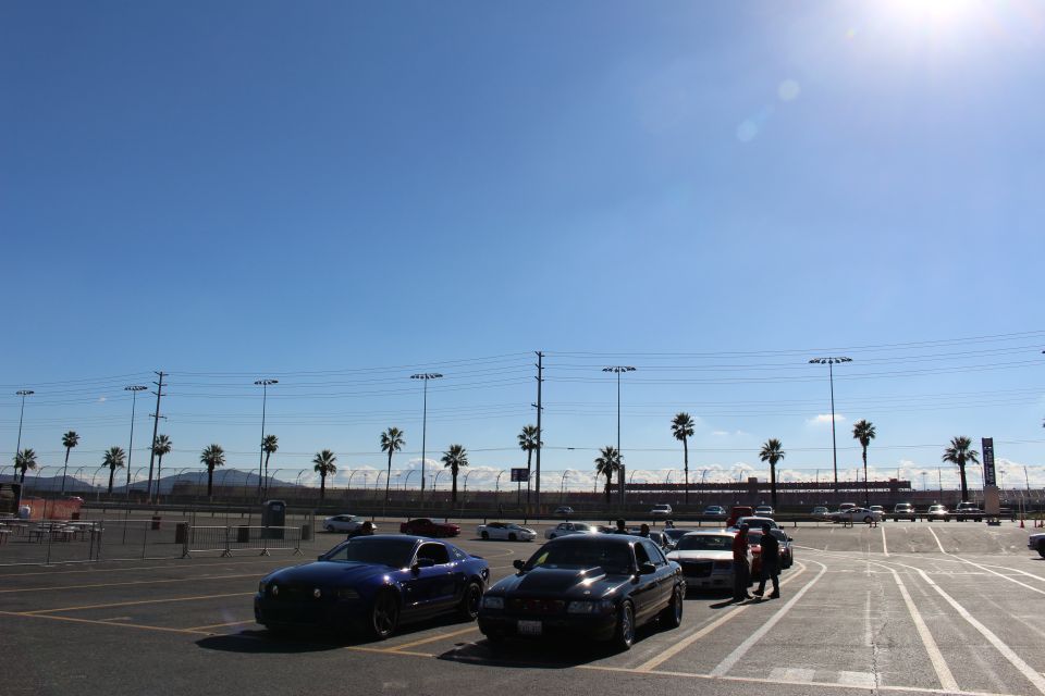Dark coupe and sedan parked in a vast lot with bright sun flare and distant palm trees