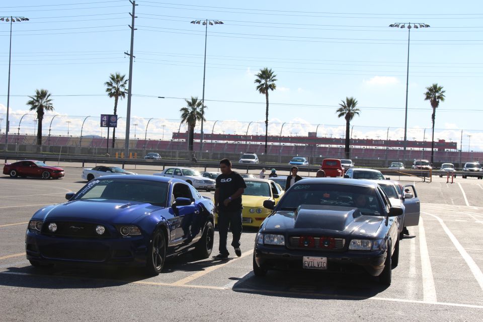 Blue Ford Mustang and black Mustang parked nose-out with a man standing between them