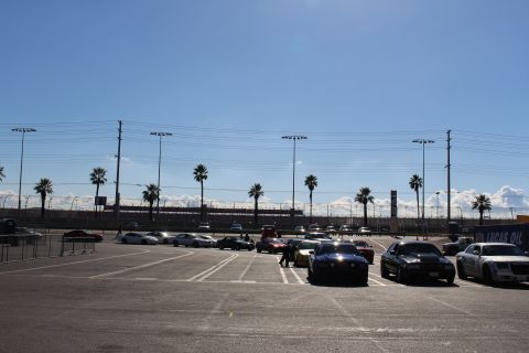 2003 Ford Crown Victoria - Cars parked across a wide sunny lot with a few people walking and palm trees lining a grandstand in the background.