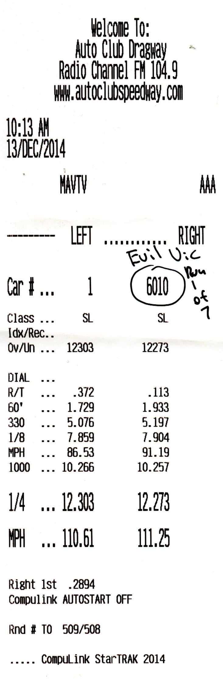 Auto Club Dragway timeslip printout with elapsed-time and trap-speed figures