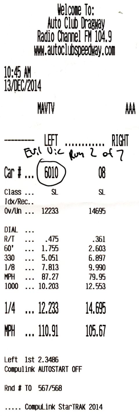 2003 Ford Crown Victoria - Drag-strip timeslip printout from Auto Club Dragway showing ET and MPH figures for a numbered car.