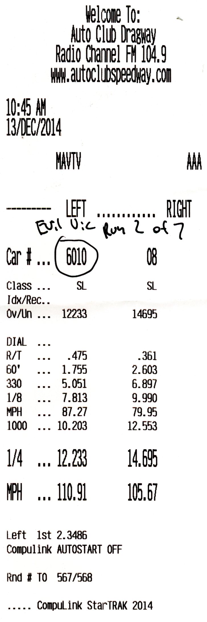 Auto Club Dragway timeslip printout for car 6010 with race timing data
