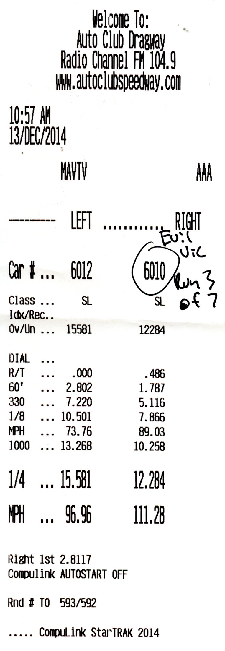 Auto Club Dragway timeslip printout with two-lane reaction and ET data