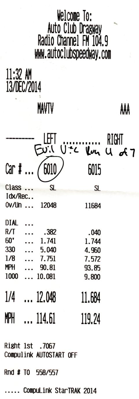 2003 Ford Crown Victoria - Drag-strip timeslip printout from Auto Club Dragway showing 60-foot, ET, and MPH figures.