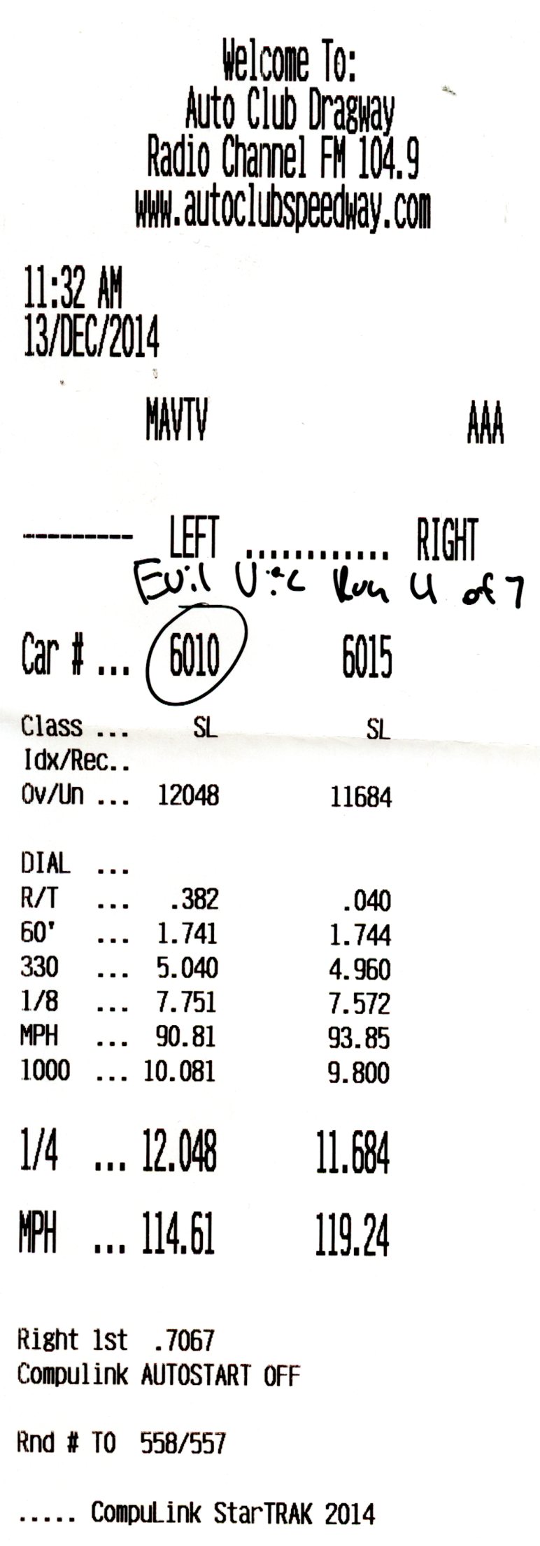 Auto Club Dragway timeslip printout for car 6010 with elapsed-time data