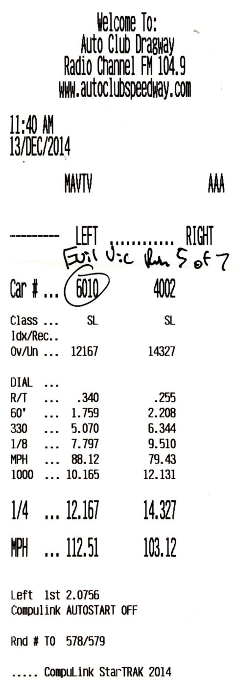 2003 Ford Crown Victoria - Drag-strip timeslip printout from Auto Club Dragway listing ET and MPH for two lanes.