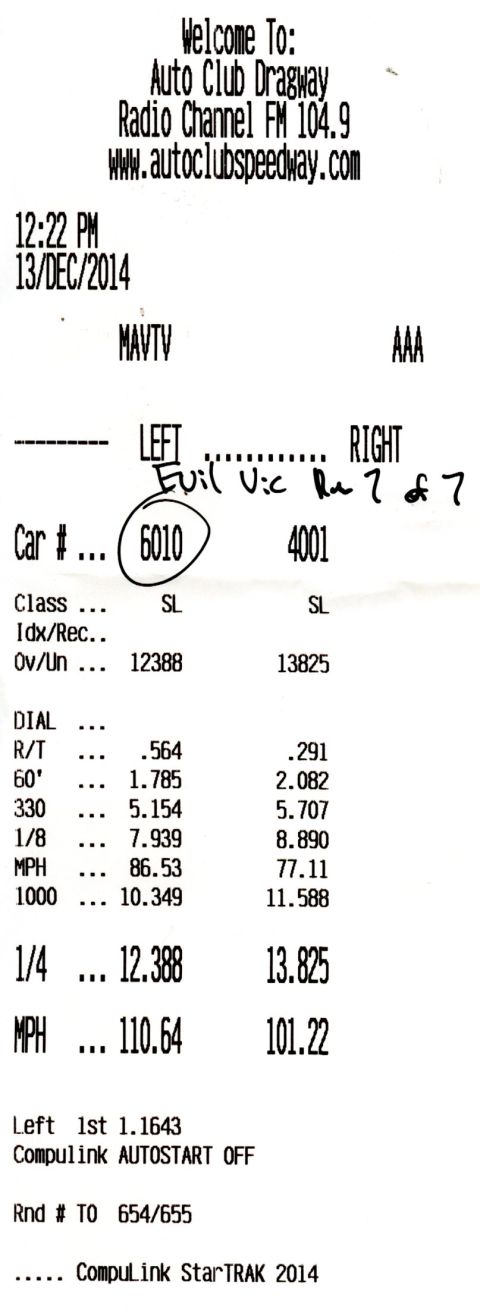 2003 Ford Crown Victoria - Drag-strip timeslip printout from Auto Club Dragway listing 60-foot, ET, and MPH figures.