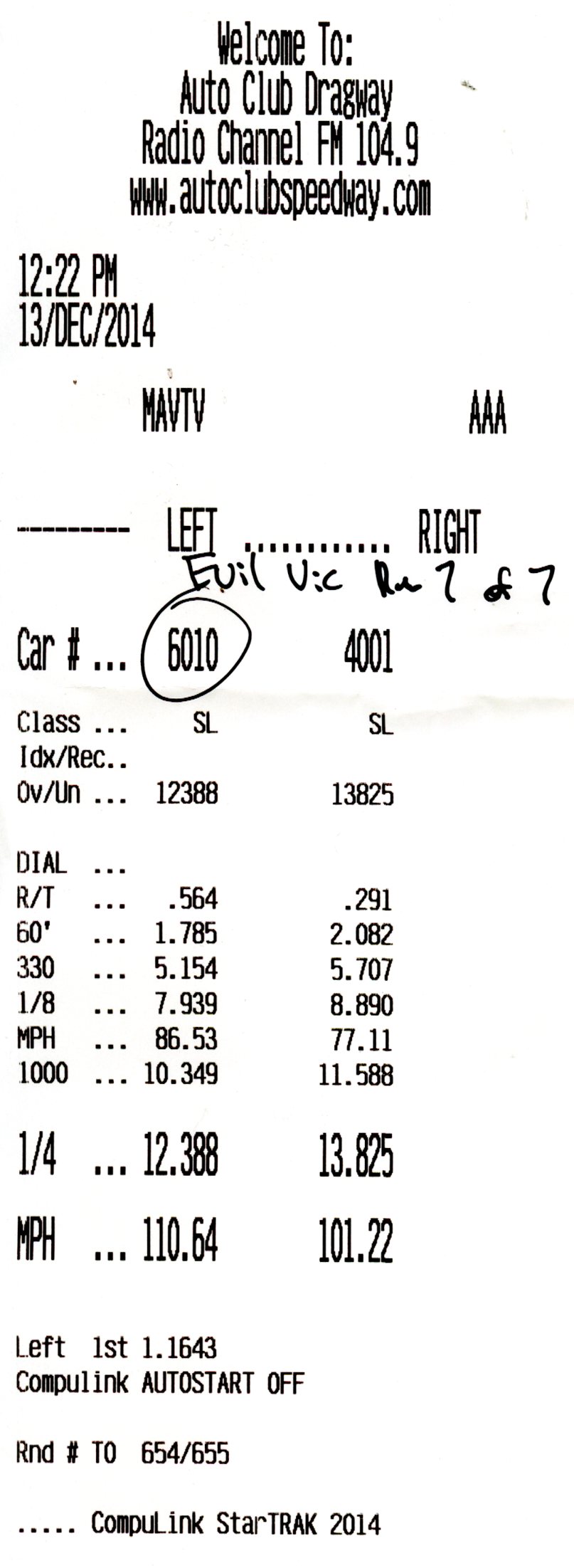 Auto Club Dragway timeslip printout with elapsed time and trap speed