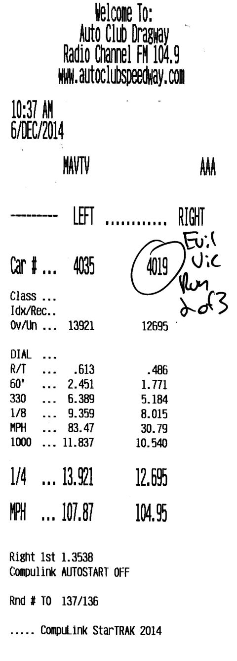 2003 Ford Crown Victoria - Drag-strip timeslip printout from Auto Club Dragway listing ET and MPH figures for two lanes.