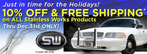 1998 Ford Crown Victoria - Promotional banner advertising '10% Off & Free Shipping on ALL Stainless Works Products' beside a white sedan with exhaust parts.