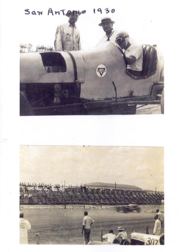 Two men standing next to a vintage race car with a triangular logo.