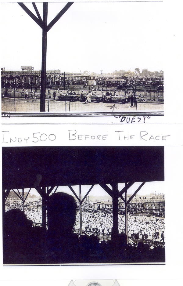 Indianapolis Motor Speedway before the Indy 500 race with cars and crowds.