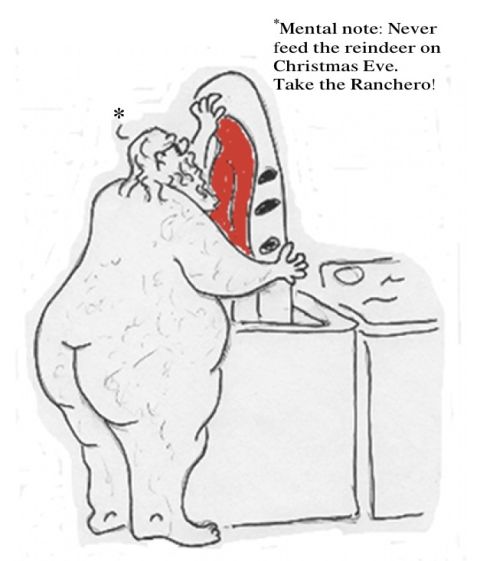 1975 Ford Ranchero - A humorous cartoon depicts Santa Claus with a washing machine, accompanied by a note about reindeer and a Ranchero.
