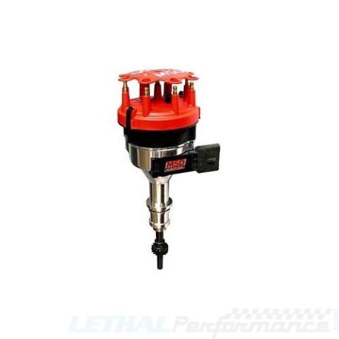 1990 Ford Bronco - A red and silver MSD ignition distributor is shown against a white background. The distributor has a red cap with spark plug wire terminals…