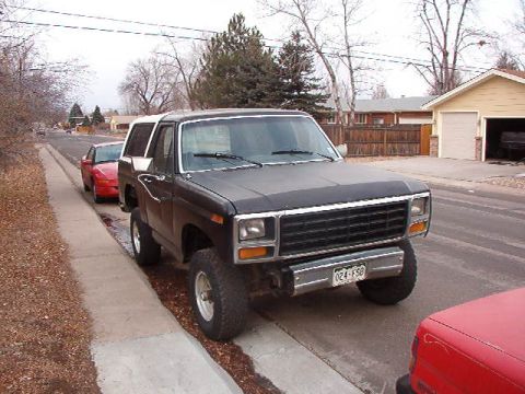 1981 Ford Bronco - Black Ford Bronco parked curbside with a red car behind it and a residential house in the background.