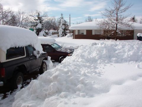 1981 Ford Bronco - A dark SUV is partially buried in snow following a winter storm, with another vehicle visible behind it.