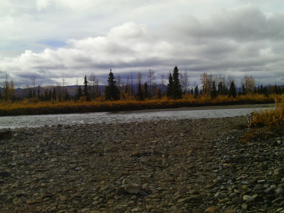 Rocky riverbank with autumn trees and cloudy sky