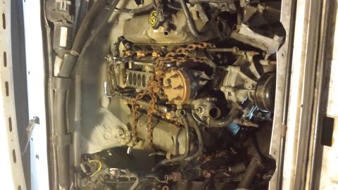 1995 Ford Bronco - Engine compartment view showing the engine and various mechanical components, with chains obscuring parts of the assembly.