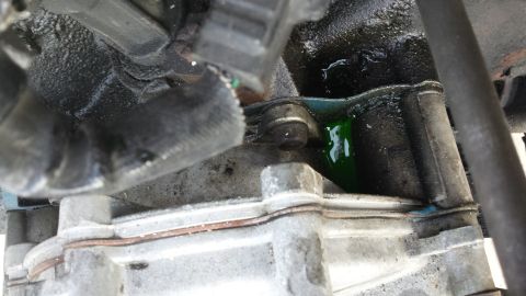 1995 Ford Bronco - Green fluid is leaking from a hose connection on the engine block.