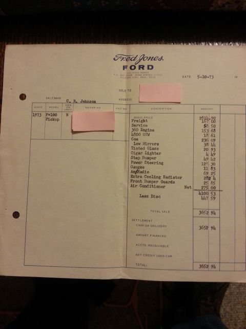 1973 Ford F-100 - This invoice details the sale of a 1973 Ford F-100 Pickup, including various options and charges.
