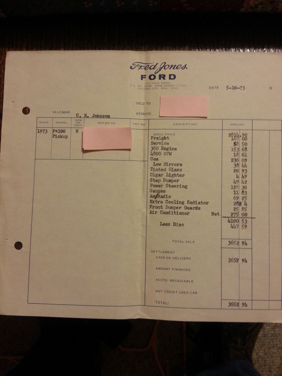 Ford dealership invoice for a 1973 F-100 Pickup, dated 5-10-73