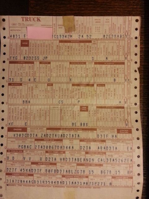 1973 Ford F-100 - A close-up of a Ford truck build sheet, showing various codes and specifications.